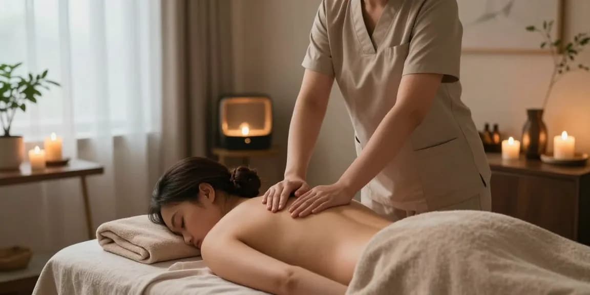 스웨디시 마사지를 받고 있는 고객과 치료 중인 마사지사, 편안한 치료실에서 아늑한 분위기로 편안함을 선사합니다.