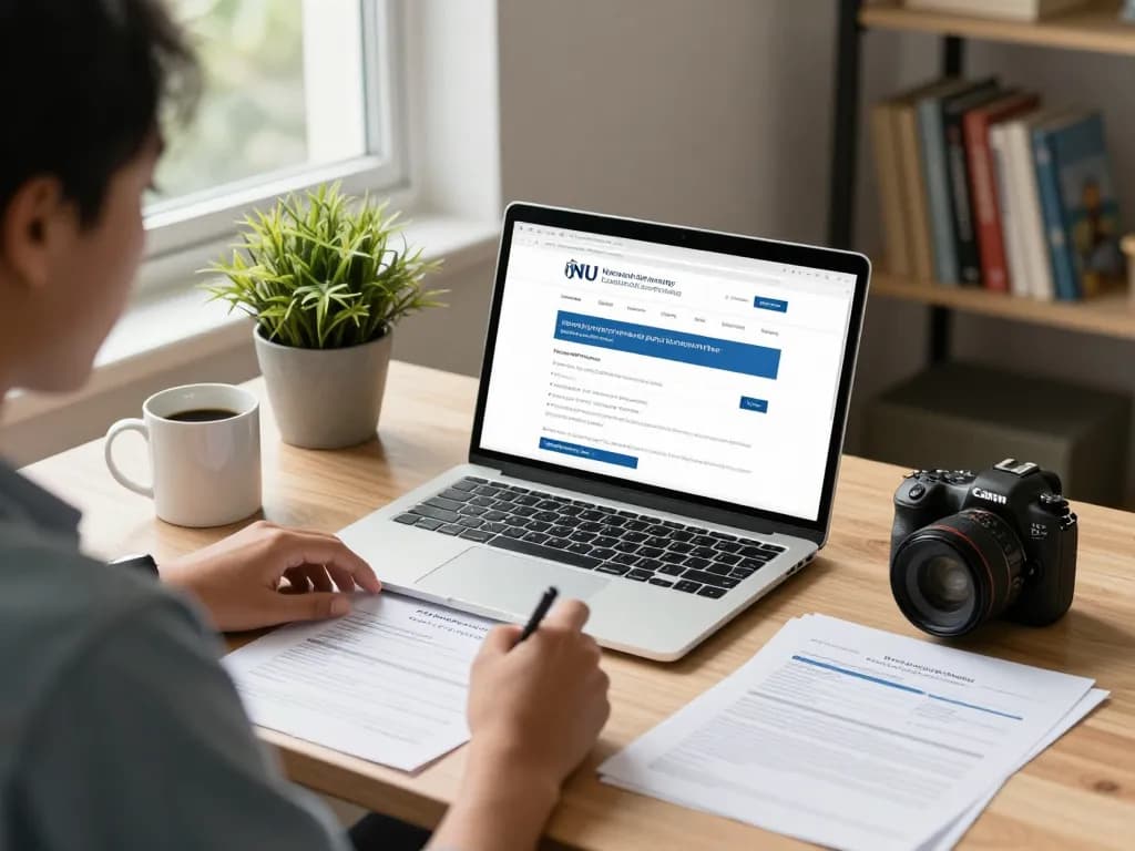 National University (NU) Certificate & Document Processing Guidelines in an educational workspace with application materials.