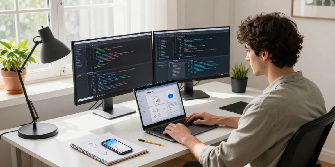 Developer utilizing Open Claw in a modern home office with dual monitors and natural light