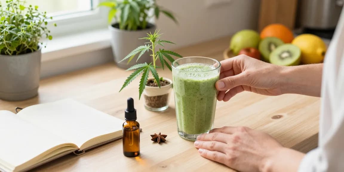 Proper loud CBD oil surrounded by fresh ingredients, smoothie, and wellness journal in bright kitchen.