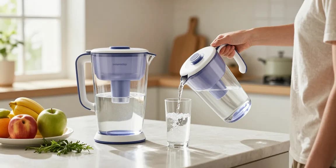 Refreshing moment with Waterdrop Water Filter Pitcher with 1 Filter pouring crisp filtered water in a bright kitchen.