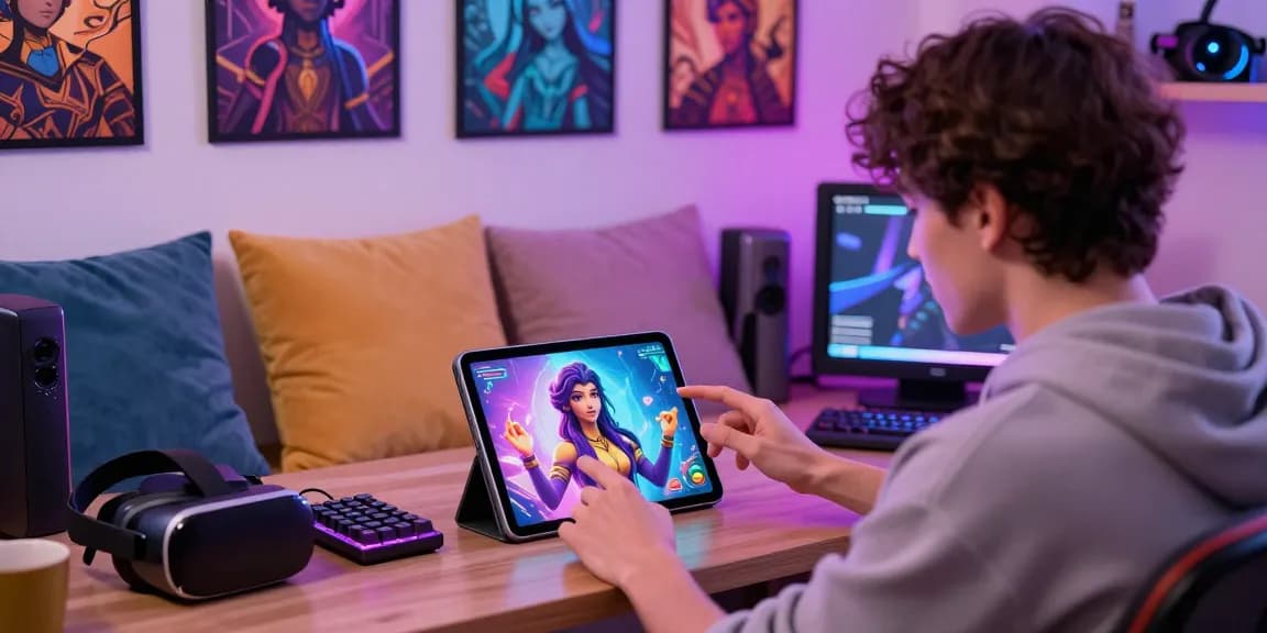 Engaging character AI NSFW interaction in a cozy workspace with technology.