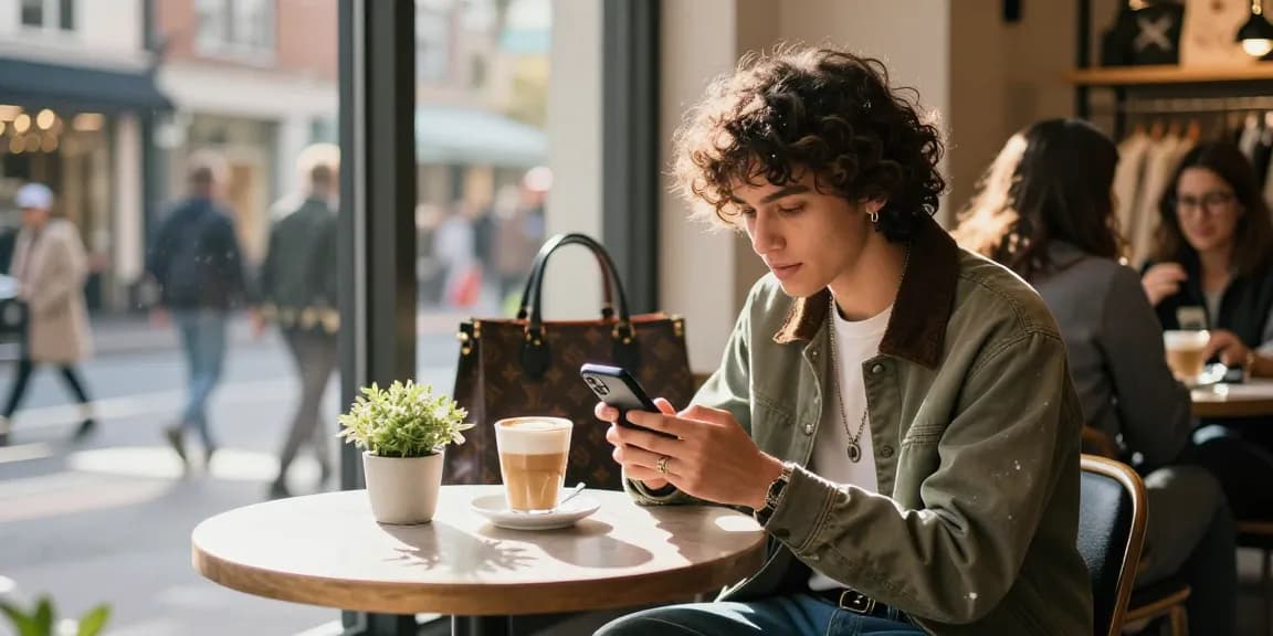 Engaging scene of a stylish shopper exploring 레플리카 쇼핑몰 offerings in a lively urban café.