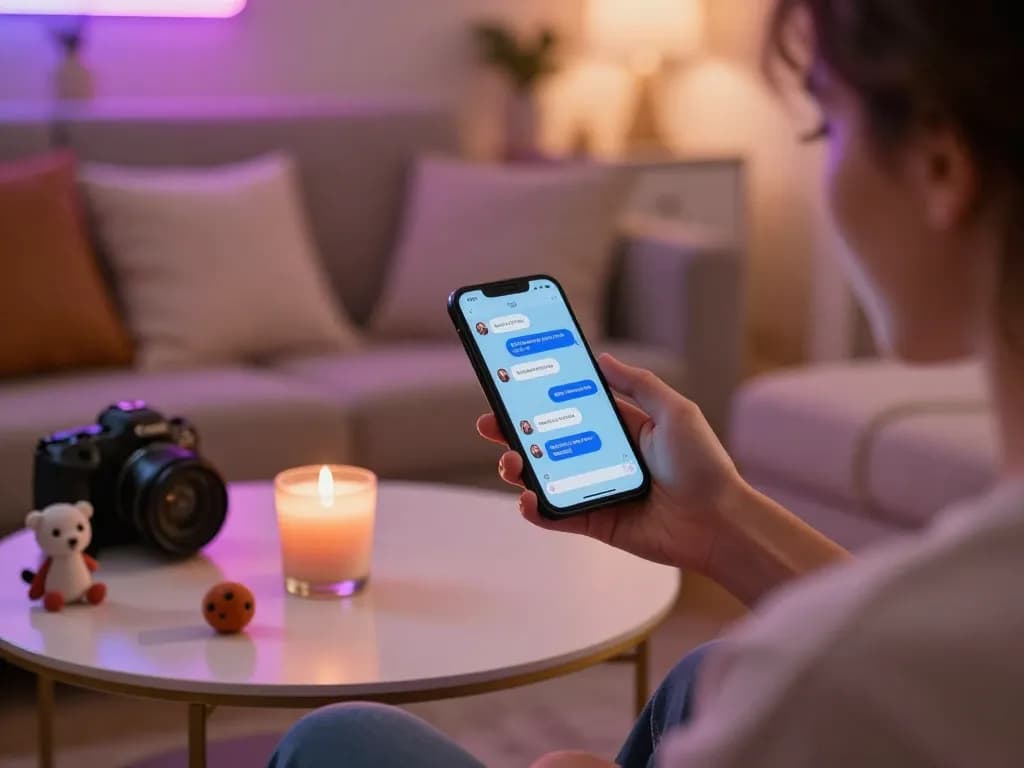 User engaging with an nsfw chat bot on their smartphone in a cozy, inviting setting.