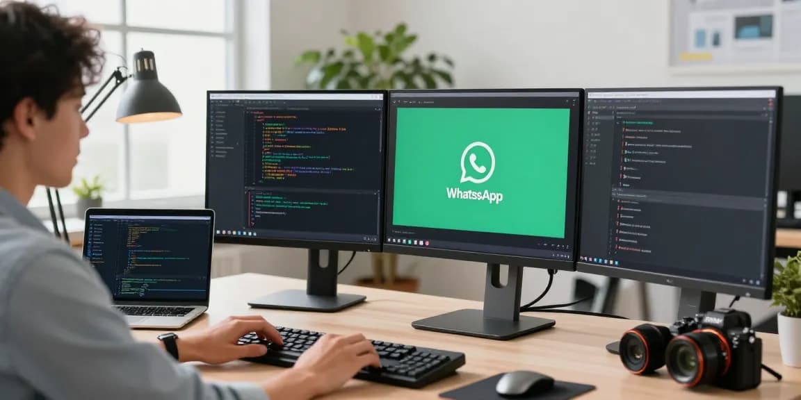 Using WhatsApp電腦版 in a modern tech workspace with dual screens and natural light.
