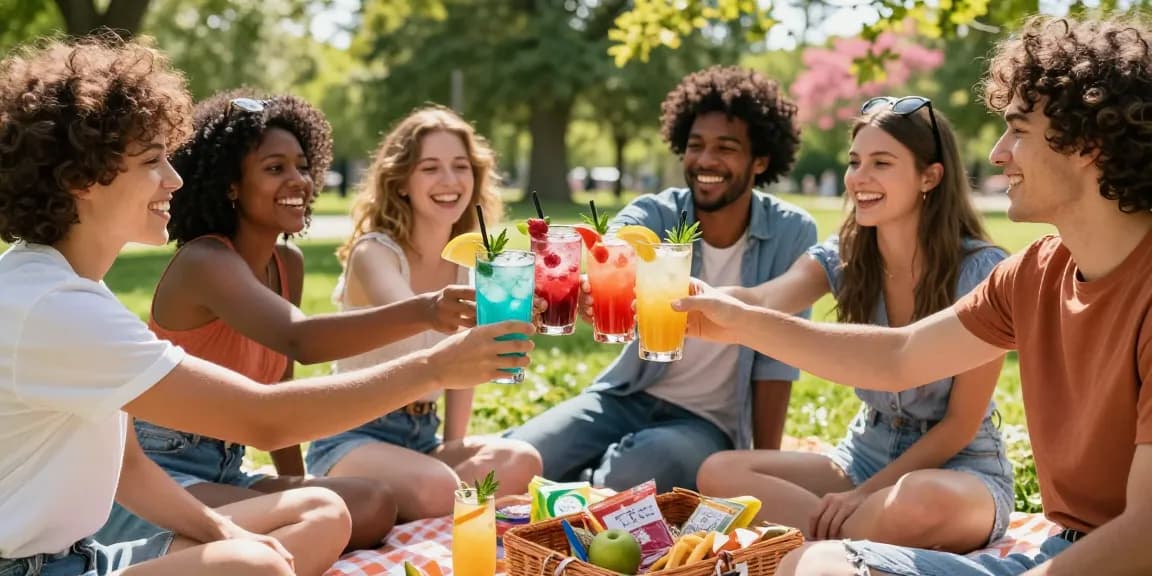 Social gathering with friends enjoying THC drinks for sale in a sunny park setting.