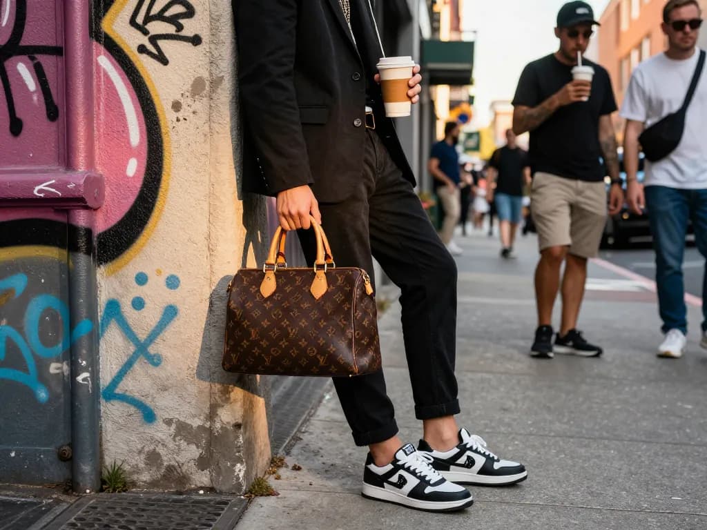 Stylish urban individual showcasing 명품 레플리카 fashion with designer bag in vibrant city.