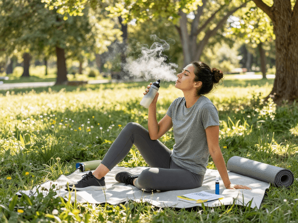 THC vape device beside a wellness guide in a serene outdoor setting, emphasizing organic and clean living.
