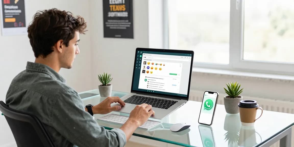 Engaged user utilizing WhatsApp電腦版 on a modern workspace with vibrant chat interface.