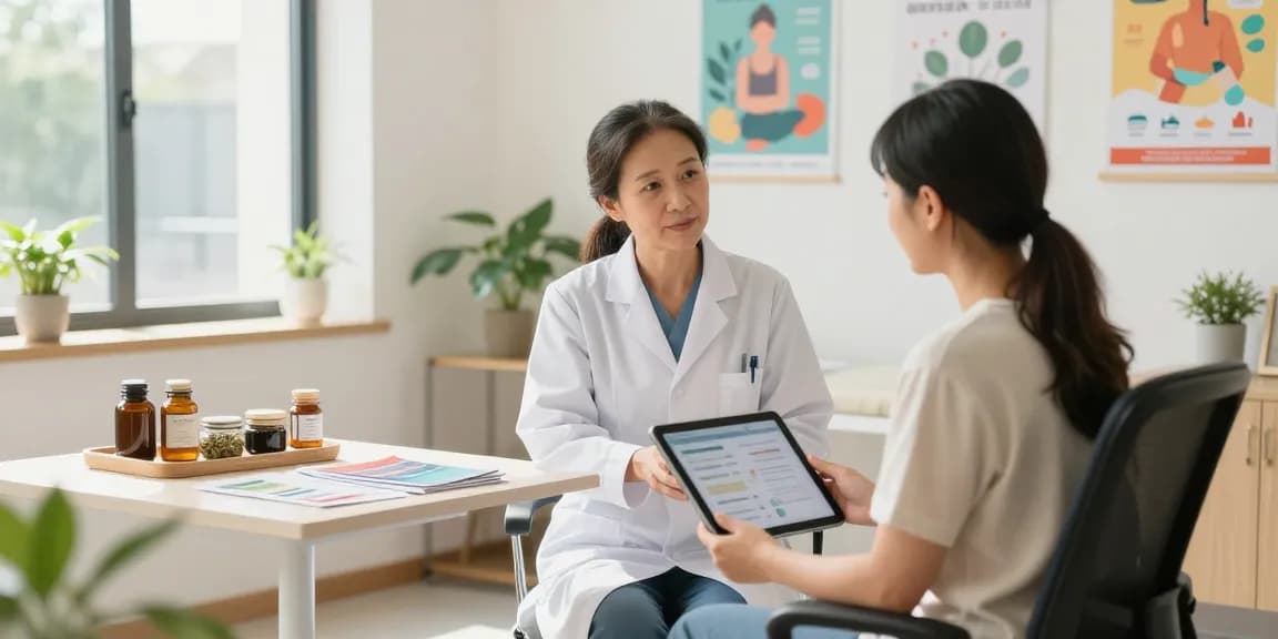 Consultation at 수원한의원, highlighting compassionate care and a serene clinic environment filled with wellness resources.