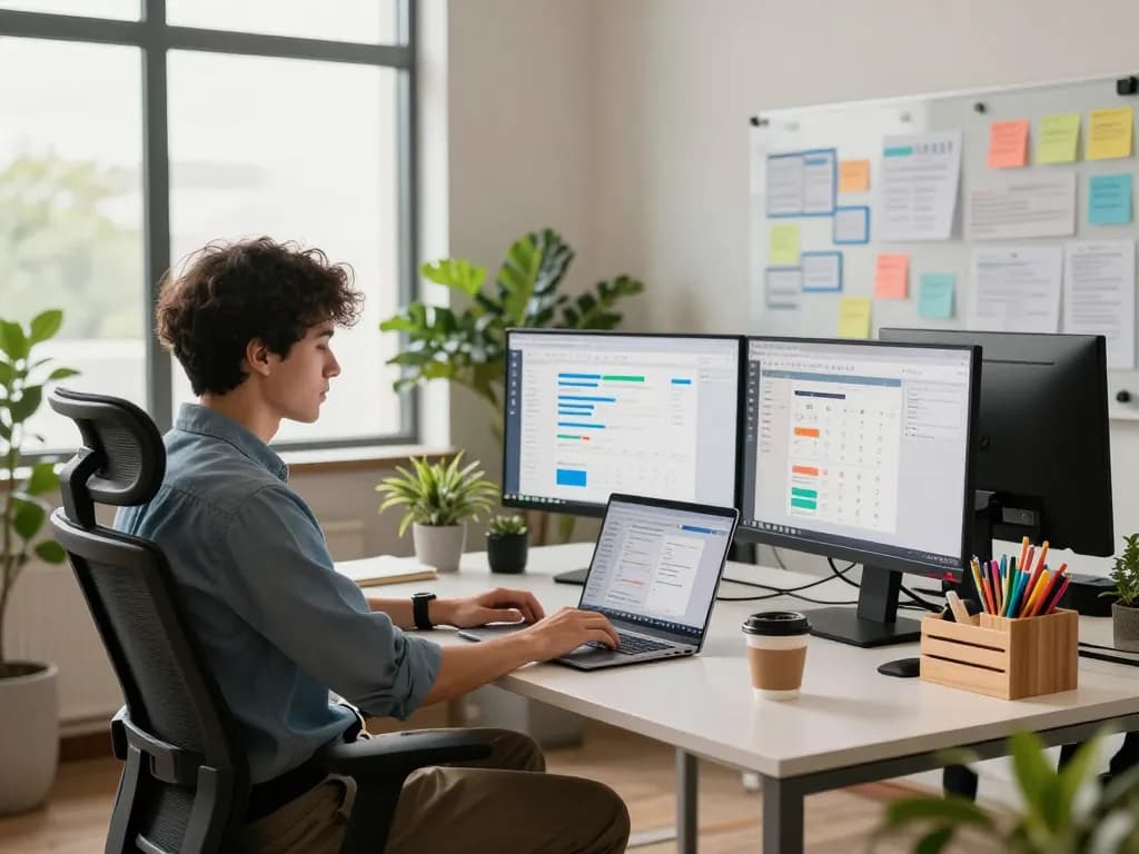 Dynamic workspace highlighting tech gadgets for productivity with monitors, stationery, and a professional atmosphere.