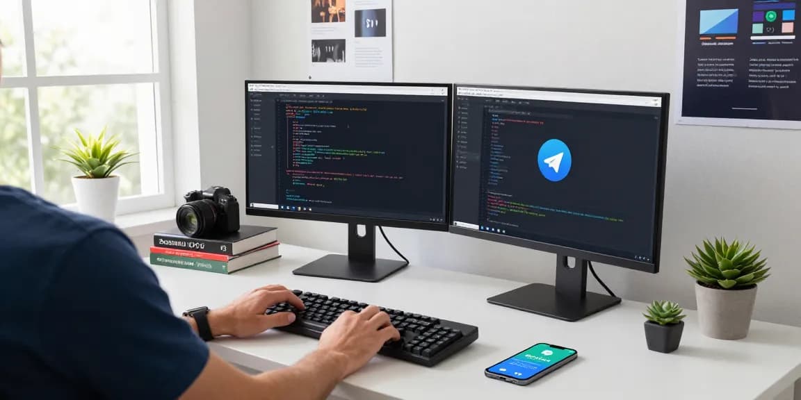 Telegram workspace showcasing advanced features of 纸飞机中文版 with dual monitors and modern decor.