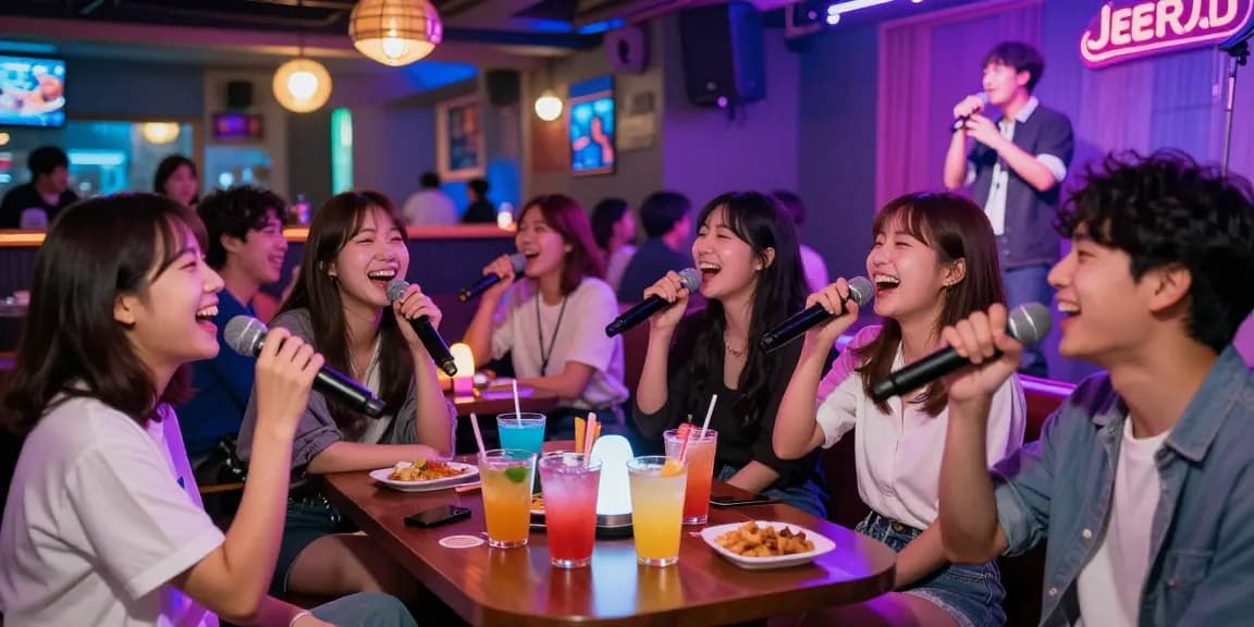 Enjoying 제주유흥 at a lively karaoke bar with friends amidst vibrant neon lights and engaging atmosphere.