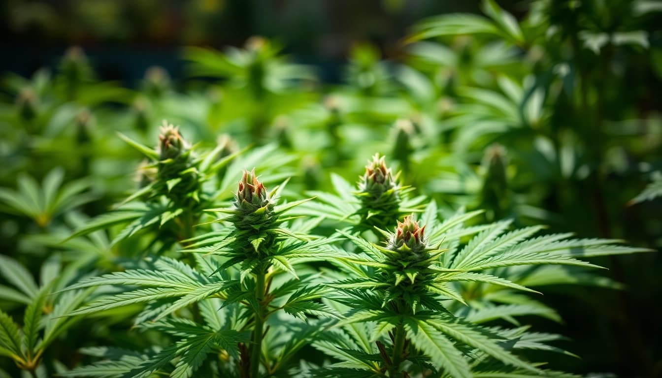 Showcase of GEEK THC cannabis buds in a lush garden setting, highlighting their vibrant colors and textures.