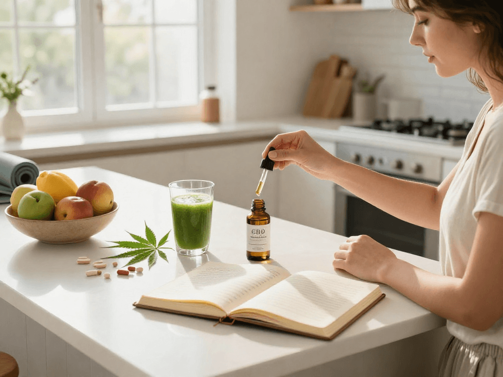 Top shelf flower delivery with premium CBD oil, natural wellness products, and hemp in a bright kitchen.