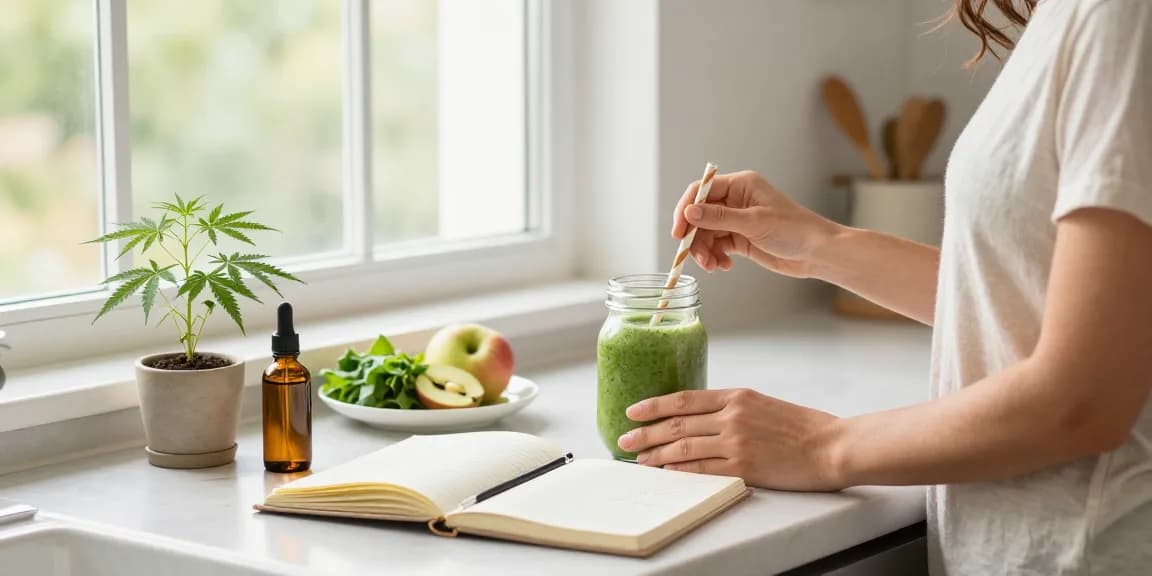 Cali UK: Woman preparing CBD-infused smoothie in a bright kitchen with organic ingredients, showcasing natural wellness.