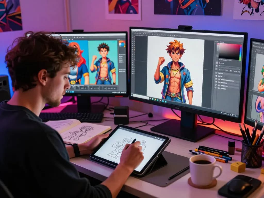 Creating NSFW AI character illustrations in a vibrant art studio.