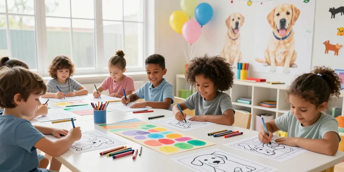 Educational coloring with children coloring Labrador Retriever pages in a bright art room.
