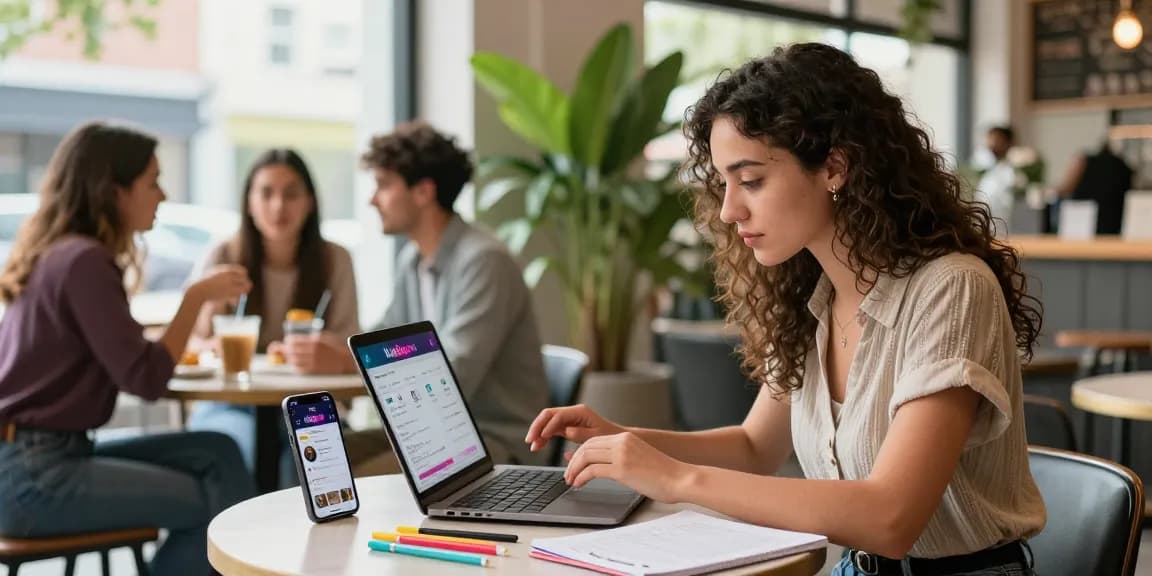 インスタ ストーリー 閲覧数 増やすために分析する若い女性とカフェの明るい雰囲気