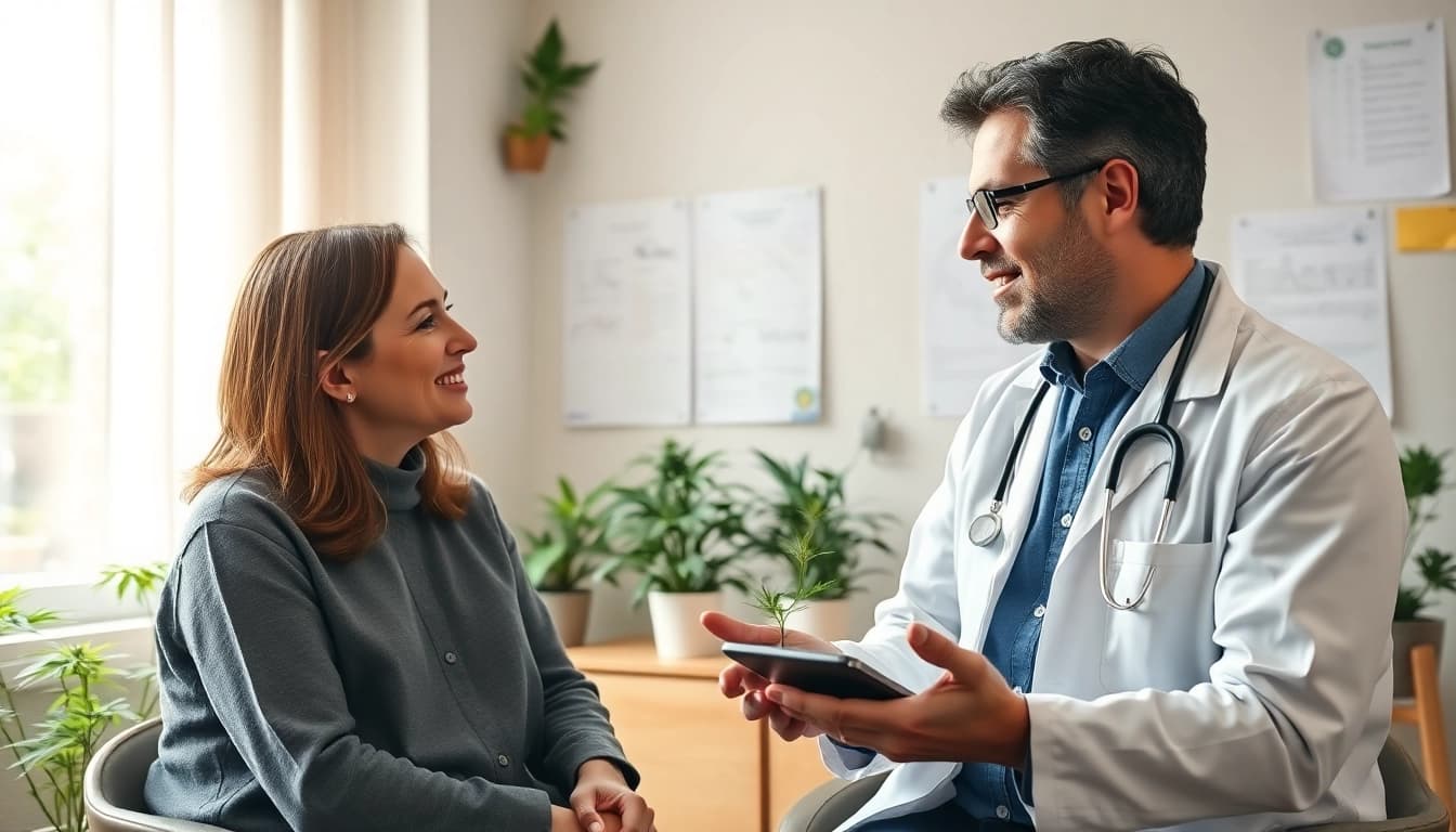 Get Medical marijuana card consultation between healthcare provider and patient in warm office.