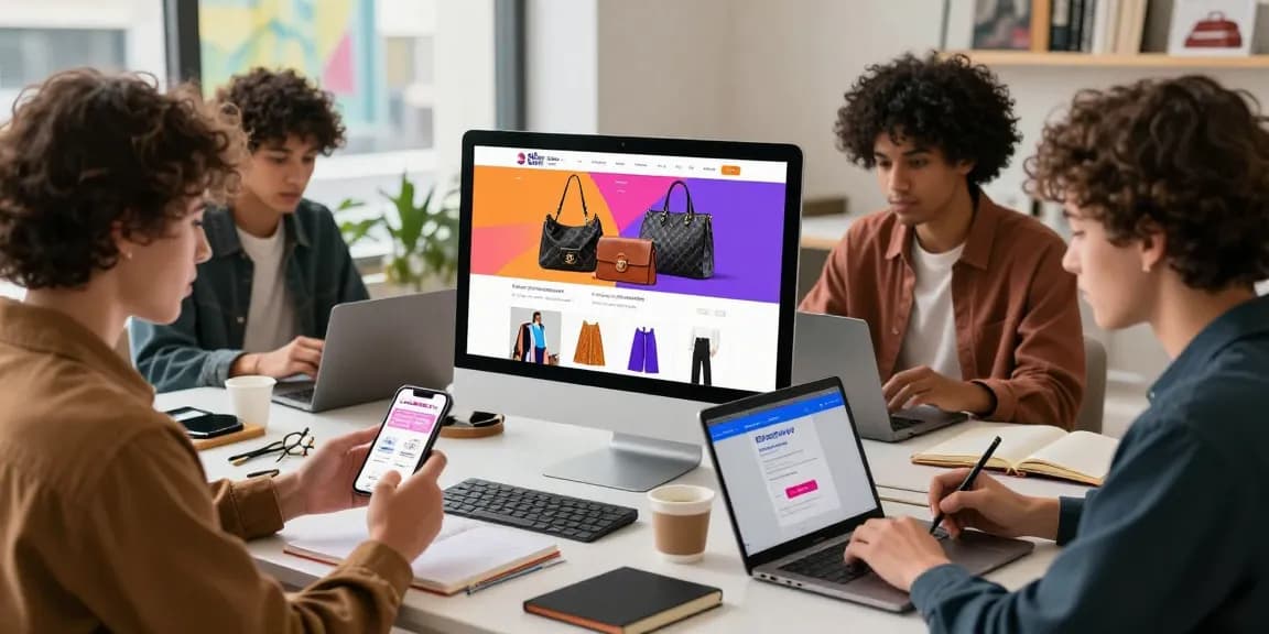 Engaging e-commerce shopping scene showcasing diverse individuals exploring high-quality 레플리카 fashion items.