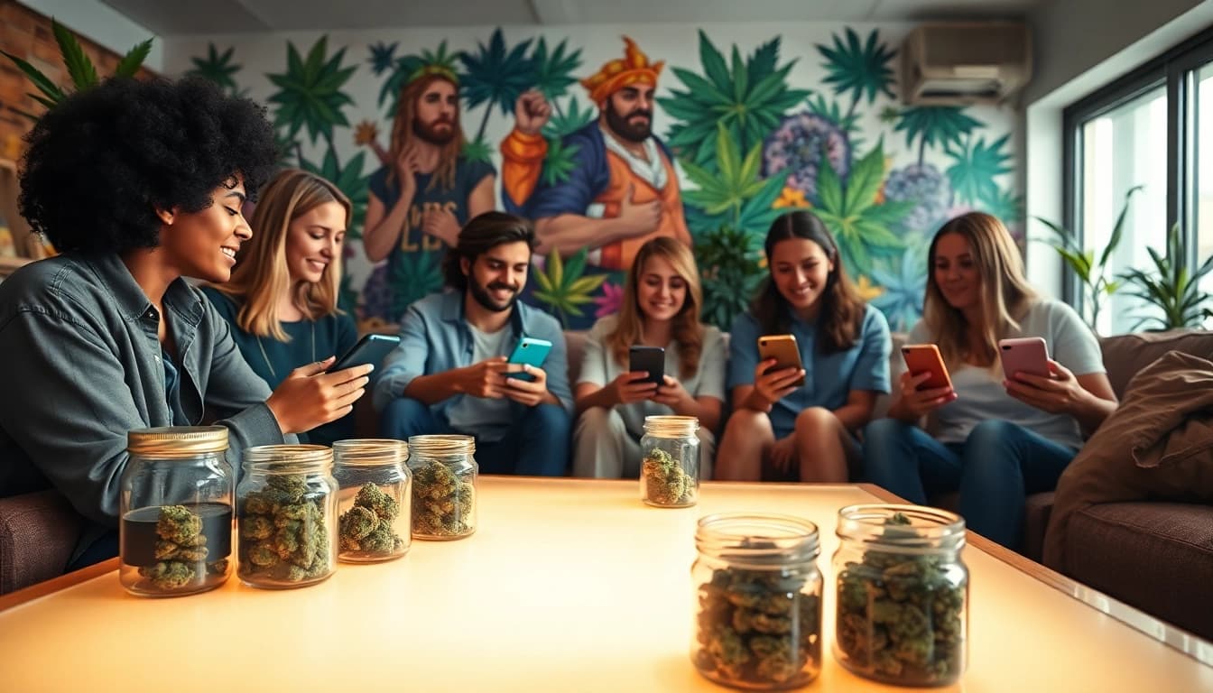 Engaging scene showing cannabis enthusiasts discussing weed telegram london on smartphones.