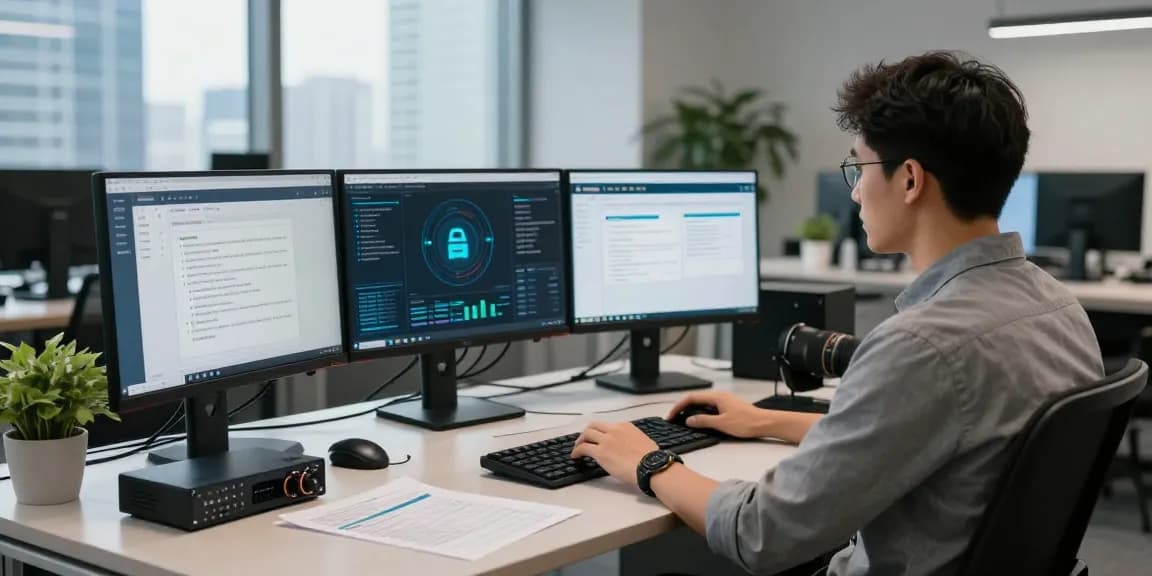 Security analysis environment ensuring safe access at https://shs-dome5.com/ with multiple monitors and security protocols.