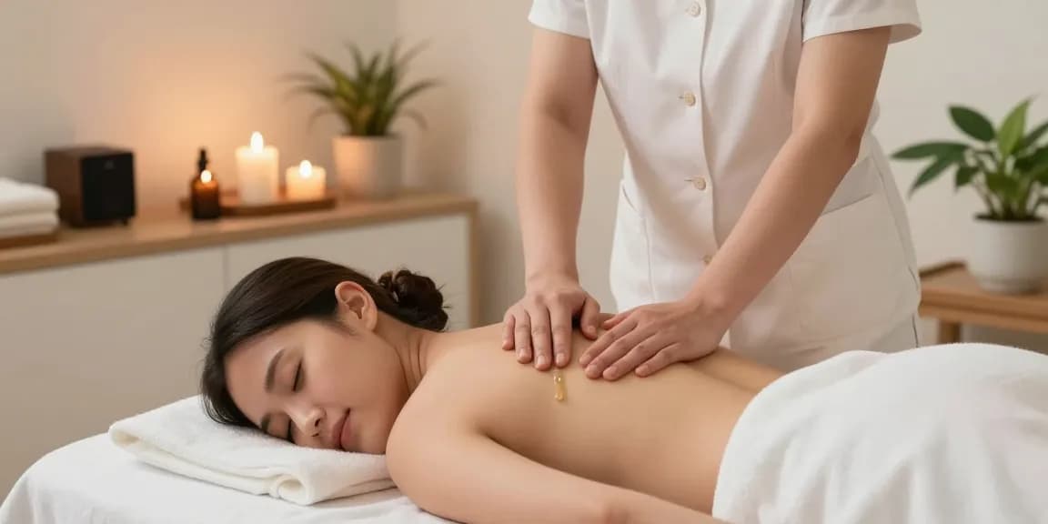 마사지로 편안하게 휴식을 취하는 모습, 아늑한 스파의 분위기
