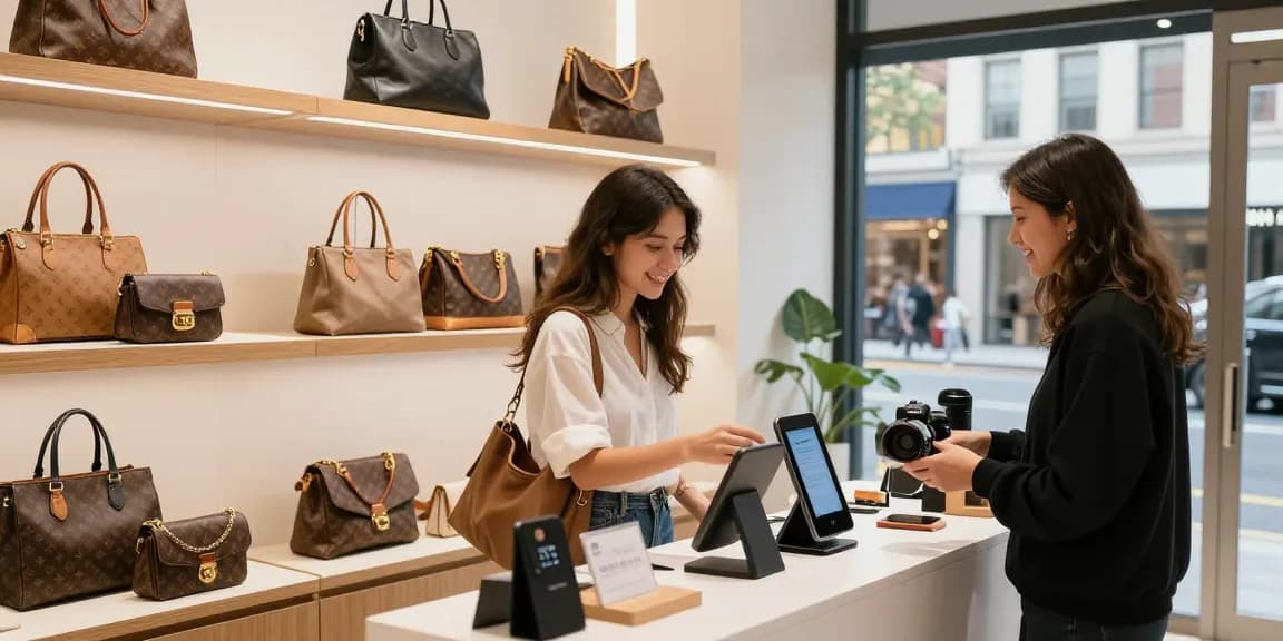Stylish young woman browsing 레플리카 사이트 handbags in a modern boutique.