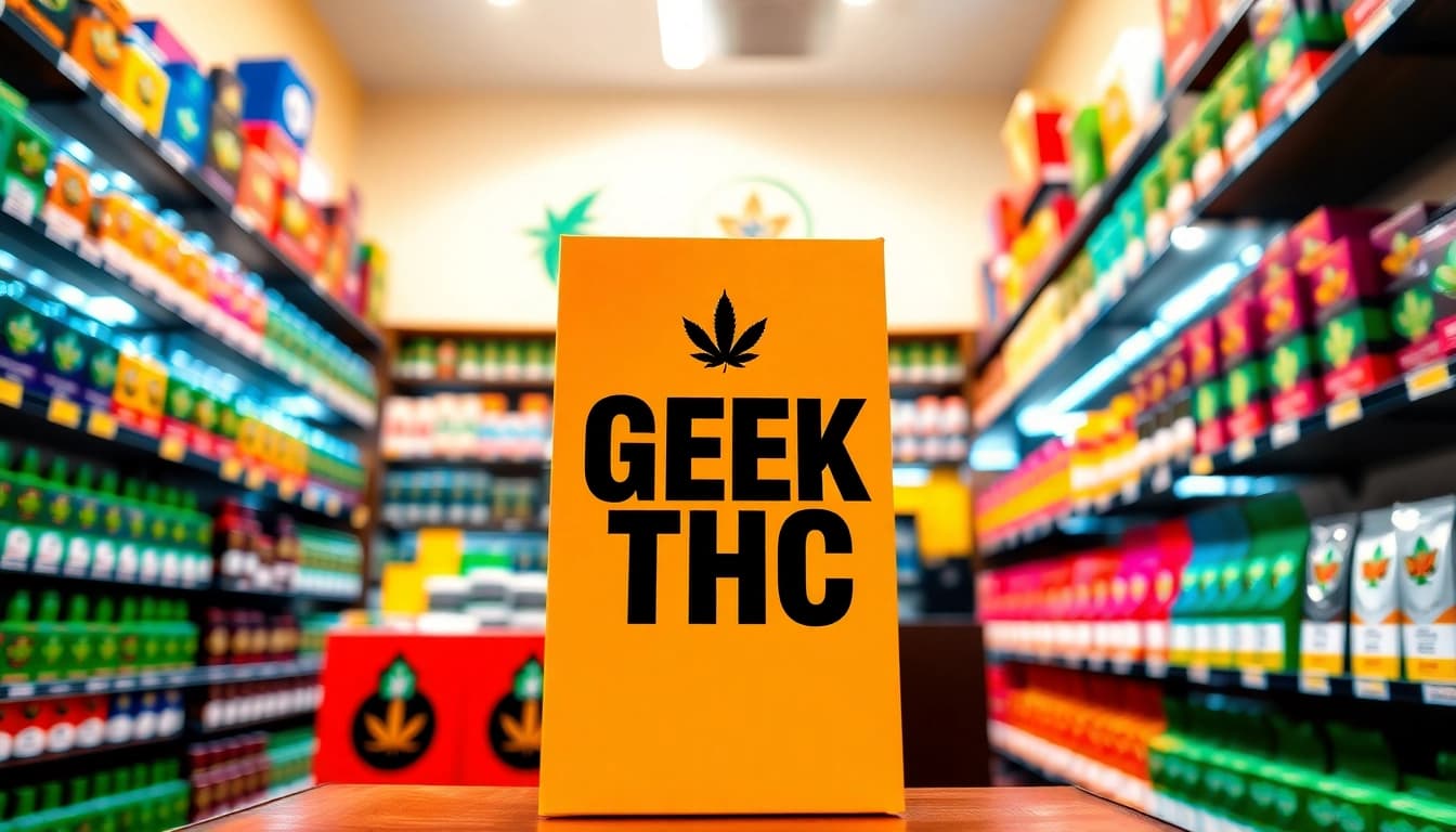 Engaging display of GEEK THC products in a vibrant cannabis retail environment.