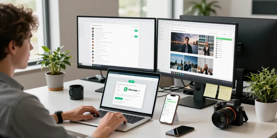 Engaging workspace showcasing WhatsApp網頁版 on laptop and smartphone, emphasizing digital communication.