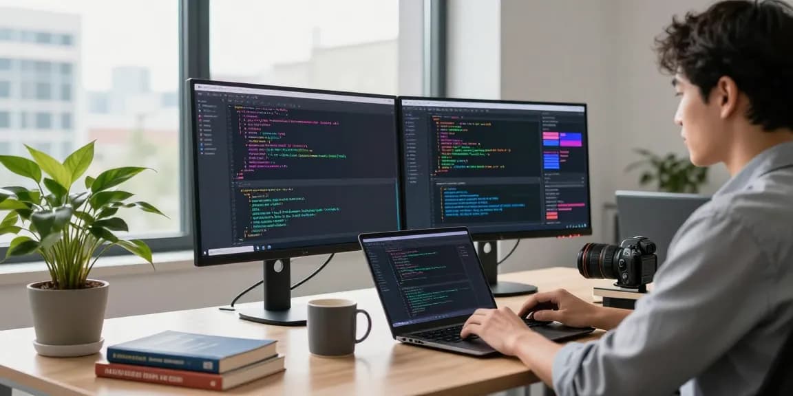 Developer coding in a modern office, highlighting the benefits of 纸飞机中文版 in a vibrant, productive workspace.