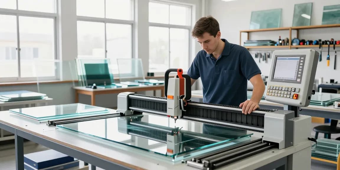 Technician operating a cutting machine glass in a modern workshop with bright natural light.
