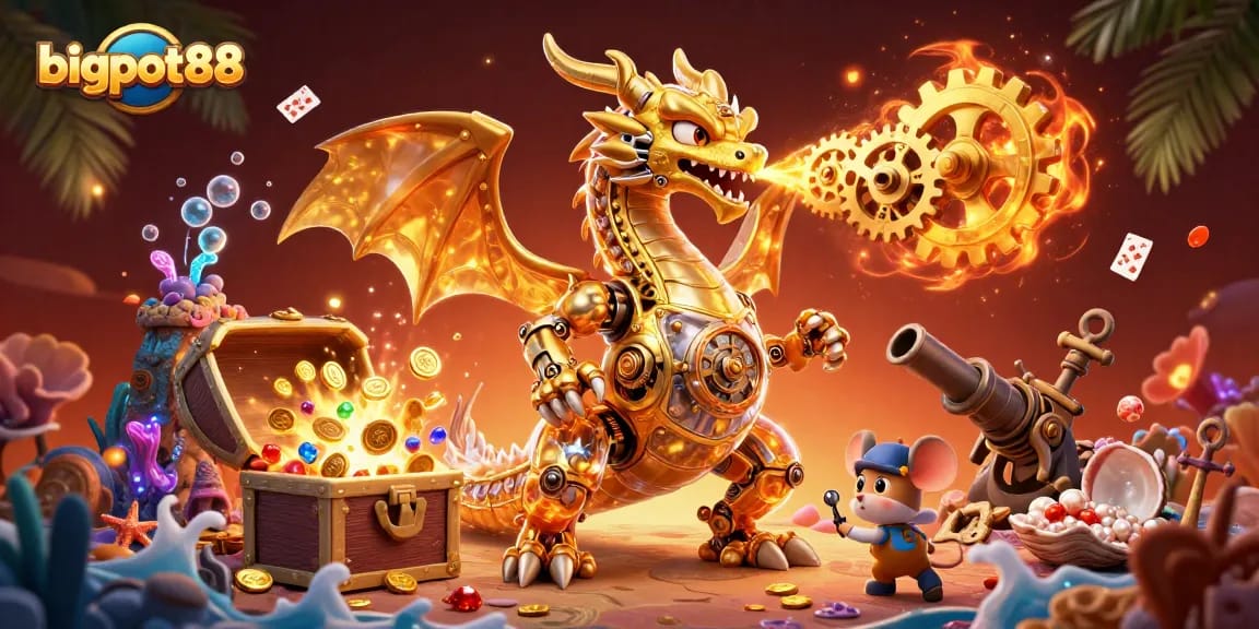 Engage in thrilling action at bigpot88 with a cartoon dragon and treasures in a vibrant casino world.