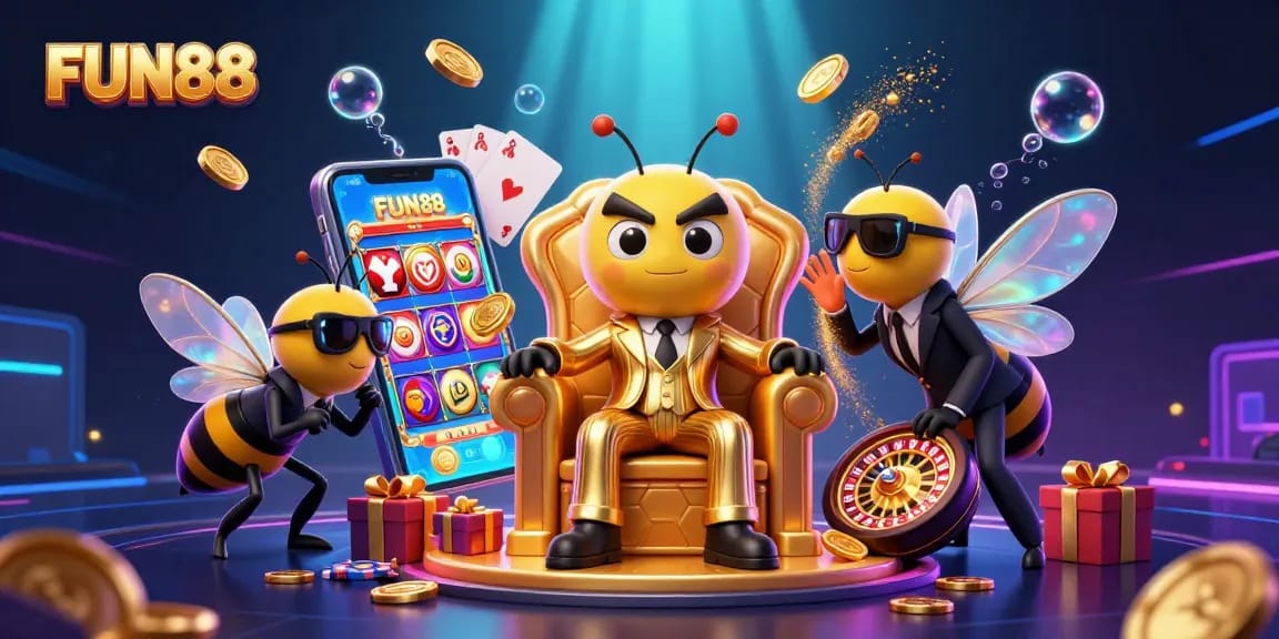 Experience FUN88 with vibrant slot games and thrilling characters in a dynamic casino scene.
