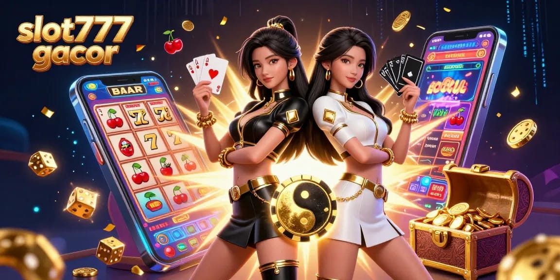 Experience the thrilling ambiance of slot777 gacor with twin Asian women celebrating as casino elements explode in rich detail.