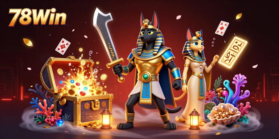 Spin to win with 78Win's vibrant casino digital art of Anubis and Bastet amid treasure.