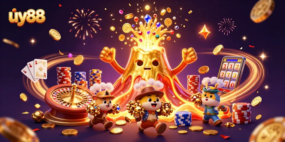 Engage in thrilling gameplay at uy88 with golden coins cascading from a victorious volcano amidst vibrant casino elements.