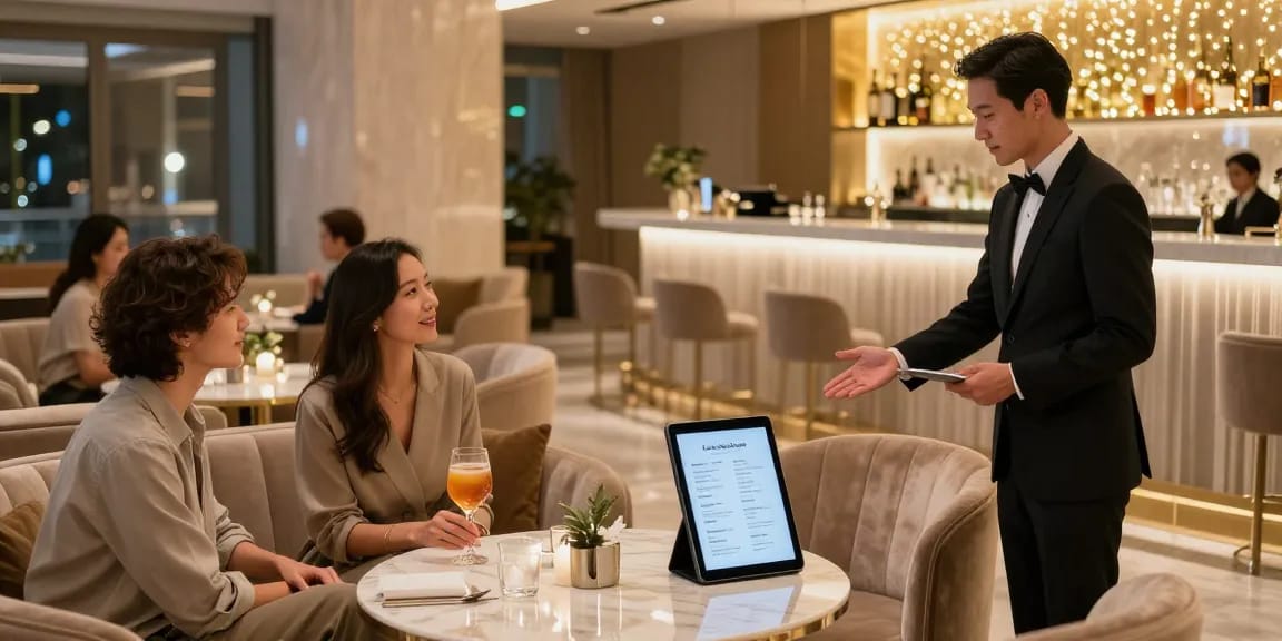 Elegant op사이트 experience with plush lounge and warm ambiance.