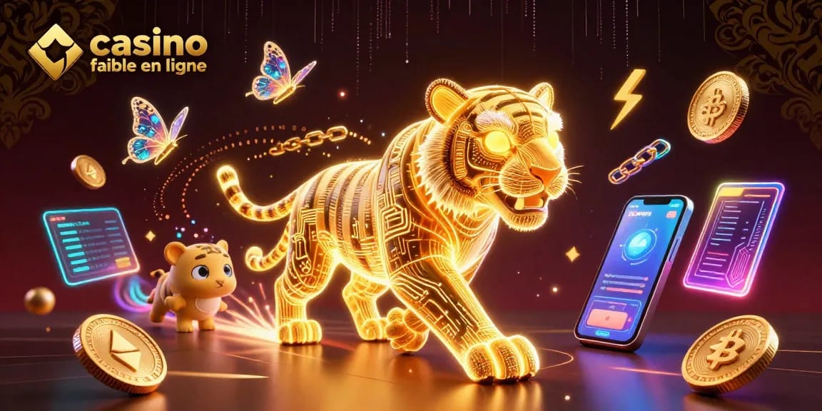 Découvrez un casino fiable en ligne avec des éléments de jeu captivants et un tigre lumineux dans un paysage numérique.