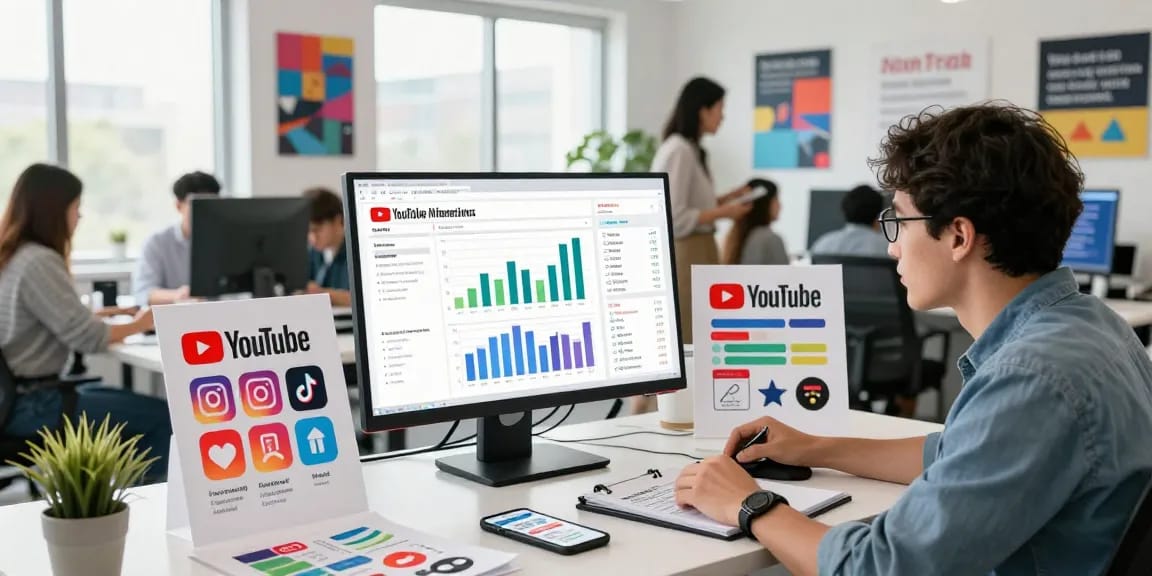 活気に満ちた現代的なオフィスでYouTubeの指標を分析する若いマーケティングプロフェッショナル。