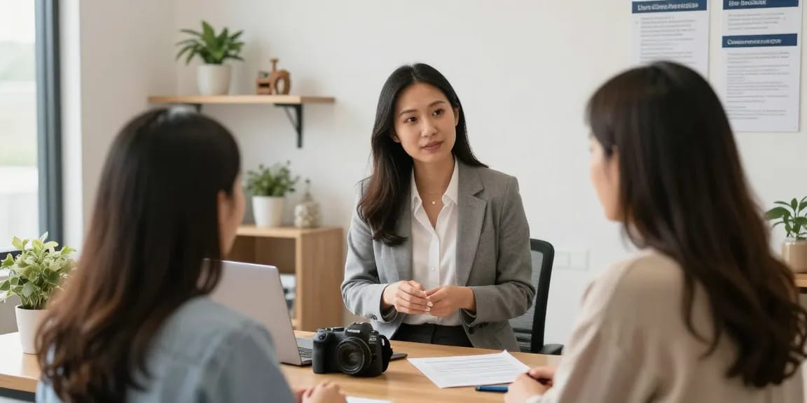 창원오피 - Trusted local service provider consulting with satisfied customers in a welcoming office.