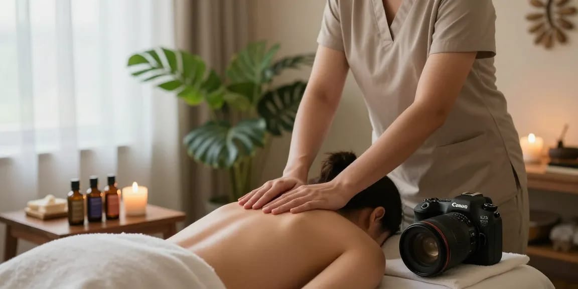 마사지 치료 중 아로마 오일을 사용하는 모습, 편안한 분위기에서의 마사지 공간