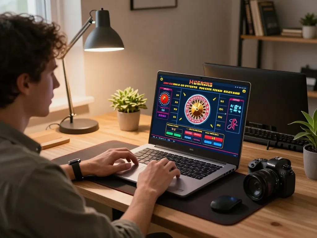 Playing live dealer games on RR88 in a cozy home setup with vibrant screens and personal touches