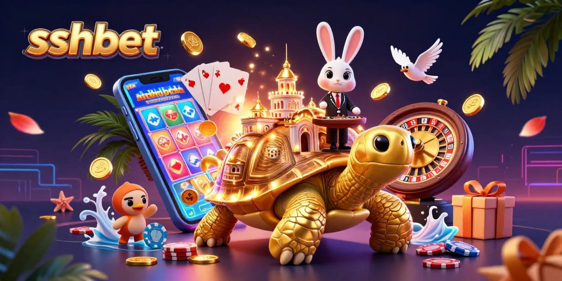 Play exciting games at sshbet with a golden tortoise casino and winning rabbits against a dynamic backdrop.