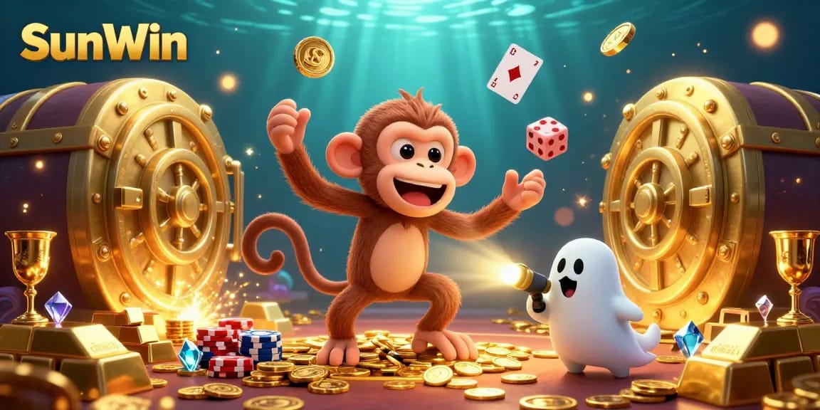 Experience thrilling wins at SunWin's vibrant casino with a playful ghost-hunter puppy chasing a mischievous monkey.