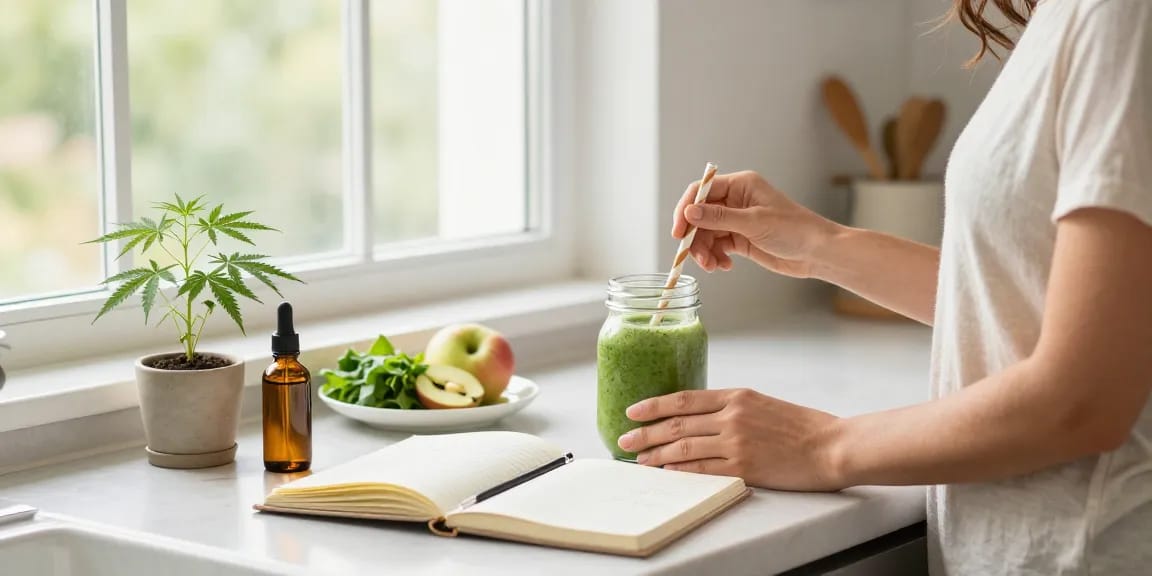Cali UK: Woman preparing CBD-infused smoothie in a bright kitchen with organic ingredients, showcasing natural wellness.