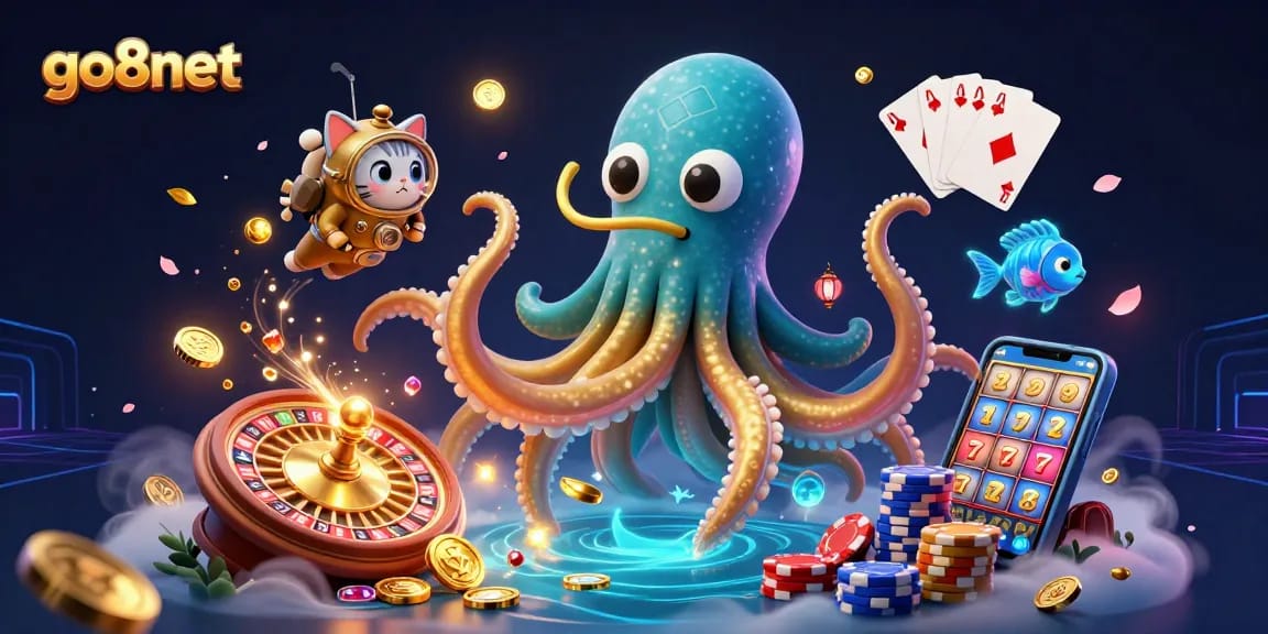 Experience the adventure at go8net with a colorful 3D casino scene featuring a kraken, diving cat, and treasures.