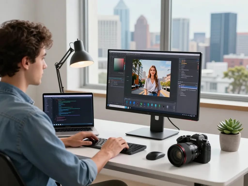 Creative professional using nano banana pro in a modern tech workspace.