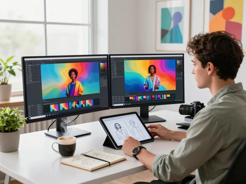 A creative workspace featuring the nano banana 2 AI image editor on dual monitors, showcasing vibrant image editing and design drafts.